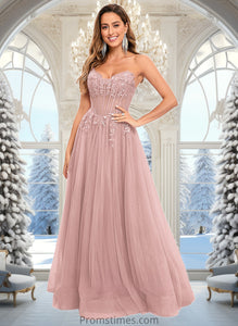 Trudie Ball-Gown/Princess V-Neck Floor-Length Tulle Prom Dresses With Sequins Appliques Lace XXBP0025837