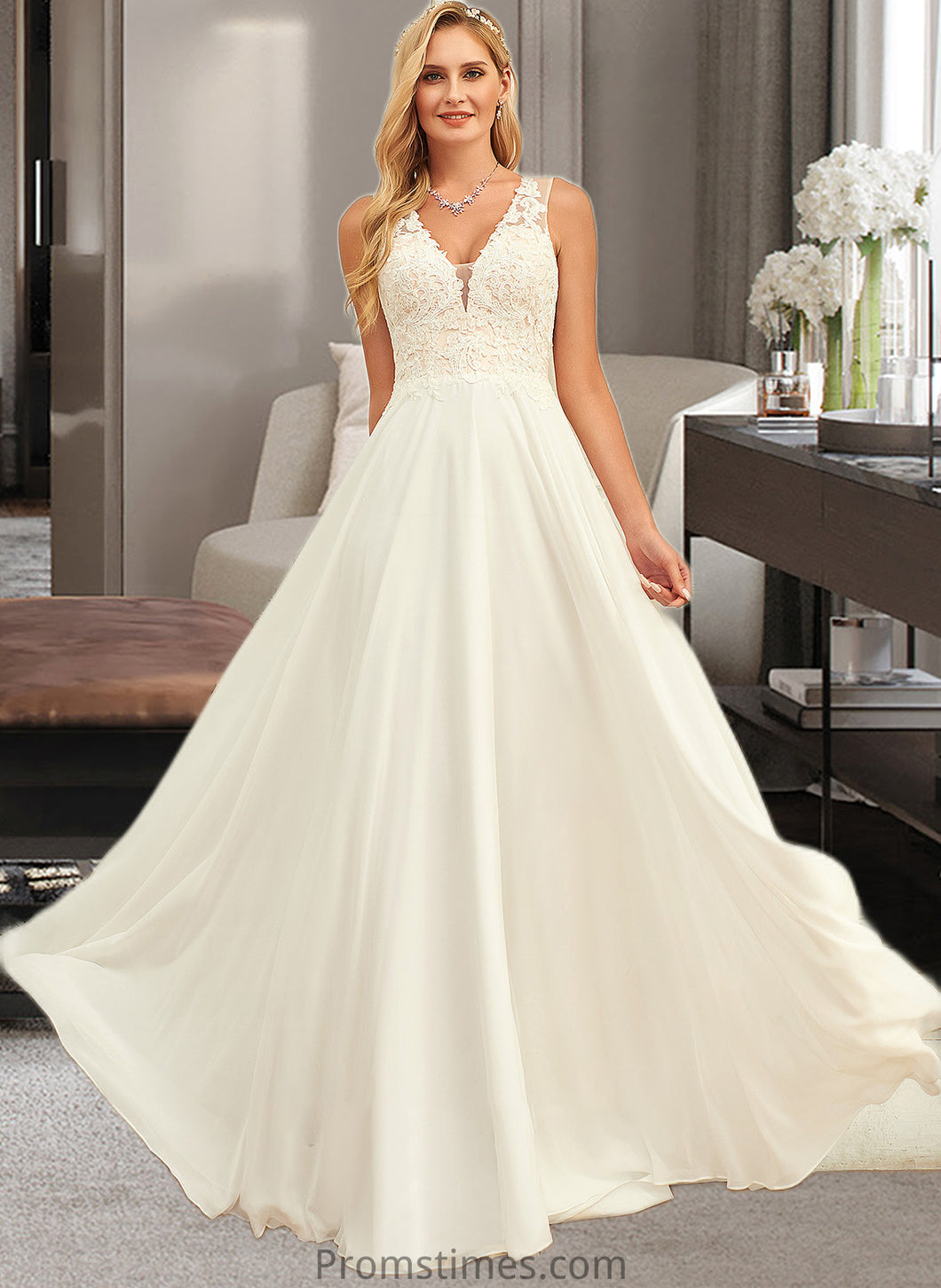 Tabitha A-Line V-neck Sweep Train Chiffon Lace Wedding Dress With Lace XXBP0013677