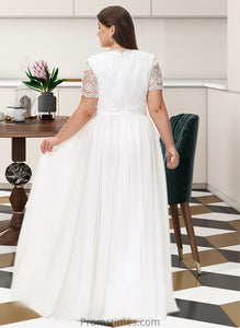 Joy A-Line V-neck Floor-Length Chiffon Lace Wedding Dress XXBP0013678