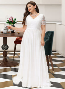 Joy A-Line V-neck Floor-Length Chiffon Lace Wedding Dress XXBP0013678