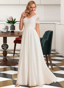 Joy A-Line V-neck Floor-Length Chiffon Lace Wedding Dress XXBP0013678