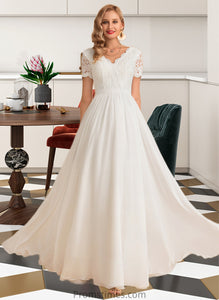 Joy A-Line V-neck Floor-Length Chiffon Lace Wedding Dress XXBP0013678