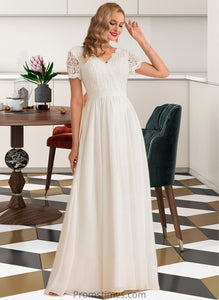 Joy A-Line V-neck Floor-Length Chiffon Lace Wedding Dress XXBP0013678