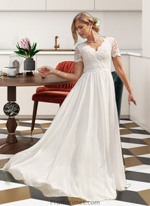 Joy A-Line V-neck Floor-Length Chiffon Lace Wedding Dress XXBP0013678