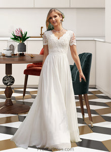 Joy A-Line V-neck Floor-Length Chiffon Lace Wedding Dress XXBP0013678