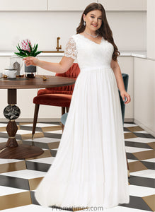 Joy A-Line V-neck Floor-Length Chiffon Lace Wedding Dress XXBP0013678