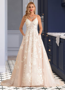 Madisyn Ball-Gown/Princess V-neck Court Train Tulle Lace Wedding Dress With Beading Pockets XXBP0013679