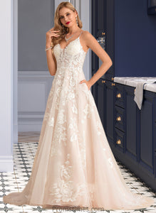 Madisyn Ball-Gown/Princess V-neck Court Train Tulle Lace Wedding Dress With Beading Pockets XXBP0013679