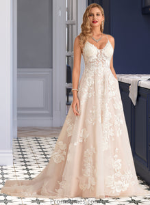 Madisyn Ball-Gown/Princess V-neck Court Train Tulle Lace Wedding Dress With Beading Pockets XXBP0013679