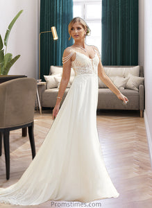 Yadira A-Line V-neck Sweep Train Chiffon Lace Wedding Dress With Beading Sequins XXBP0013681