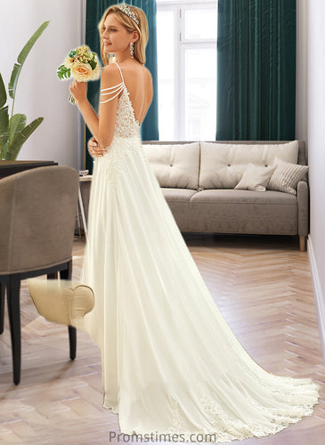 Yadira A-Line V-neck Sweep Train Chiffon Lace Wedding Dress With Beading Sequins XXBP0013681