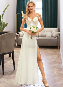 Yadira A-Line V-neck Sweep Train Chiffon Lace Wedding Dress With Beading Sequins XXBP0013681