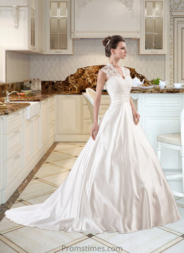 Alivia Ball-Gown/Princess V-neck Court Train Satin Lace Wedding Dress With Ruffle XXBP0013688