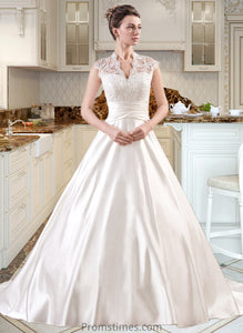 Alivia Ball-Gown/Princess V-neck Court Train Satin Lace Wedding Dress With Ruffle XXBP0013688