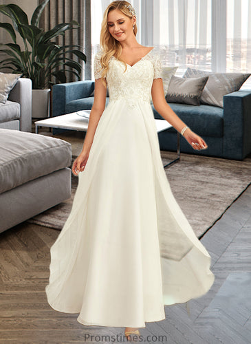 Jade A-Line V-neck Floor-Length Chiffon Lace Wedding Dress With Lace XXBP0013691