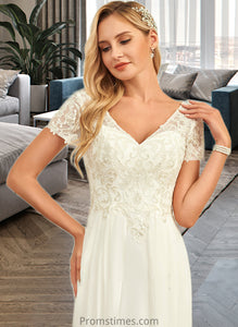 Jade A-Line V-neck Floor-Length Chiffon Lace Wedding Dress With Lace XXBP0013691