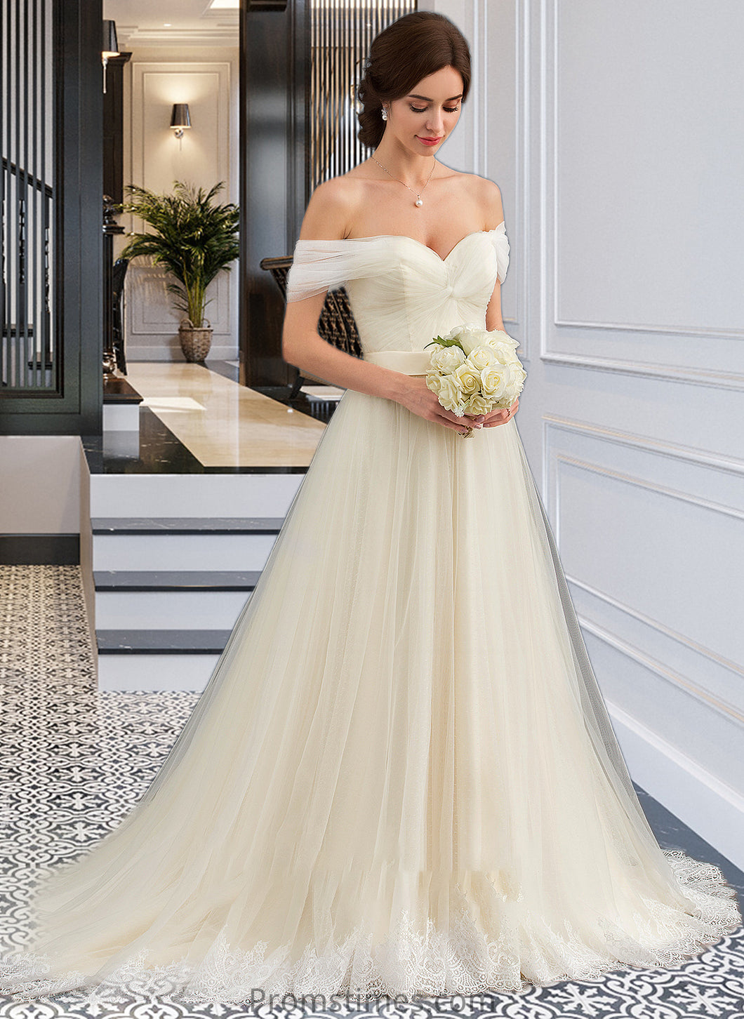 Holly Ball-Gown/Princess Off-the-Shoulder Court Train Tulle Lace Wedding Dress With Ruffle XXBP0013692