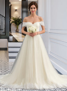 Holly Ball-Gown/Princess Off-the-Shoulder Court Train Tulle Lace Wedding Dress With Ruffle XXBP0013692