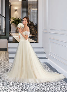 Holly Ball-Gown/Princess Off-the-Shoulder Court Train Tulle Lace Wedding Dress With Ruffle XXBP0013692