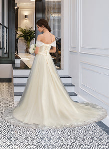 Holly Ball-Gown/Princess Off-the-Shoulder Court Train Tulle Lace Wedding Dress With Ruffle XXBP0013692