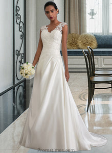 Emely Ball-Gown/Princess V-neck Sweep Train Satin Wedding Dress With Ruffle Beading Sequins XXBP0013693