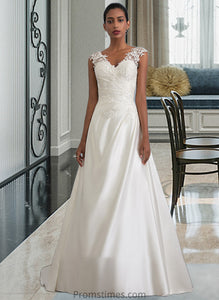 Emely Ball-Gown/Princess V-neck Sweep Train Satin Wedding Dress With Ruffle Beading Sequins XXBP0013693