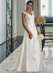 Emely Ball-Gown/Princess V-neck Sweep Train Satin Wedding Dress With Ruffle Beading Sequins XXBP0013693