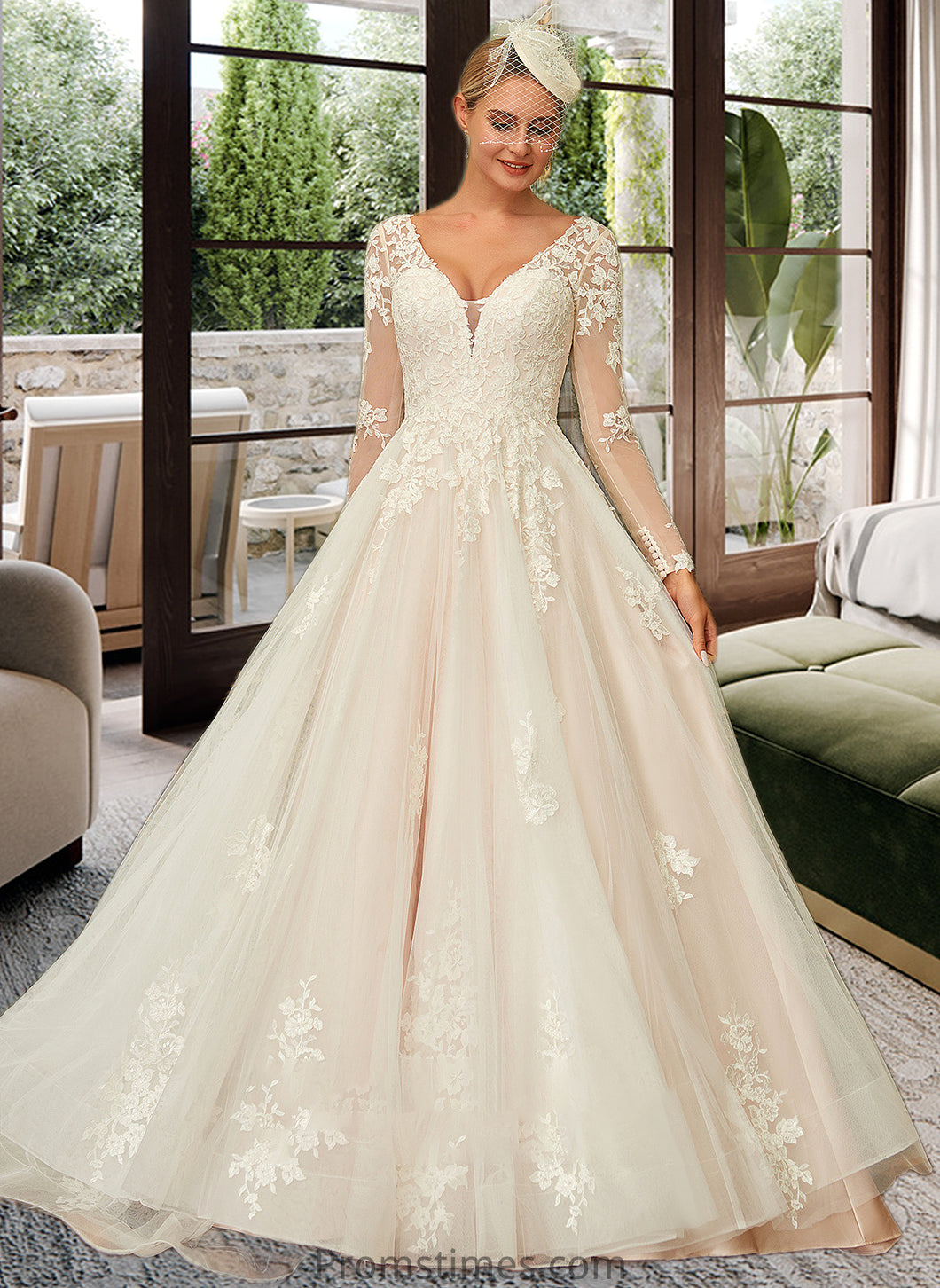 Amaris Ball-Gown/Princess V-neck Sweep Train Tulle Lace Wedding Dress XXBP0013698