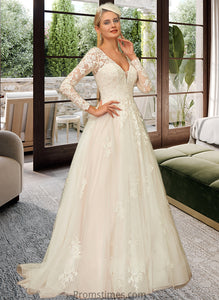 Amaris Ball-Gown/Princess V-neck Sweep Train Tulle Lace Wedding Dress XXBP0013698