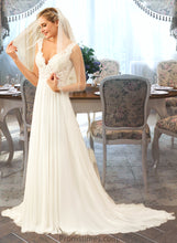 Load image into Gallery viewer, Jamie A-Line V-neck Court Train Chiffon Wedding Dress XXBP0013701