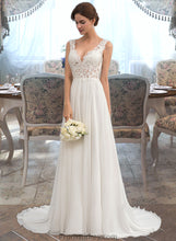 Load image into Gallery viewer, Jamie A-Line V-neck Court Train Chiffon Wedding Dress XXBP0013701