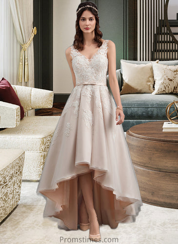 Kaylyn A-Line V-neck Asymmetrical Tulle Lace Wedding Dress With Bow(s) XXBP0013717