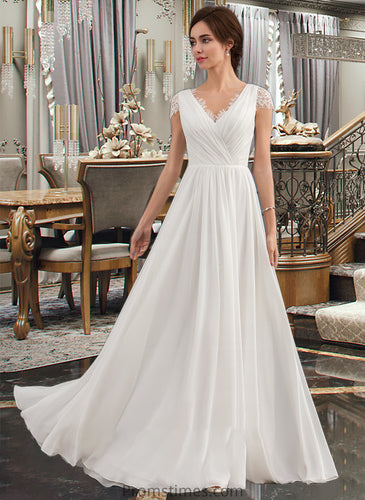 Keely A-Line V-neck Floor-Length Chiffon Lace Wedding Dress With Ruffle XXBP0013729