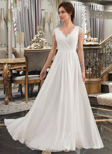 Keely A-Line V-neck Floor-Length Chiffon Lace Wedding Dress With Ruffle XXBP0013729