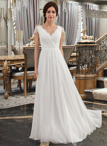 Keely A-Line V-neck Floor-Length Chiffon Lace Wedding Dress With Ruffle XXBP0013729