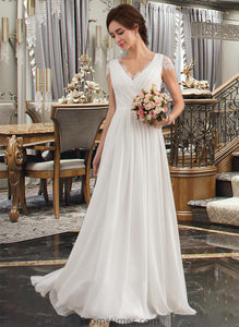 Keely A-Line V-neck Floor-Length Chiffon Lace Wedding Dress With Ruffle XXBP0013729