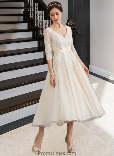 Alisson Ball-Gown/Princess V-neck Tea-Length Tulle Wedding Dress XXBP0013731