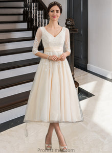 Alisson Ball-Gown/Princess V-neck Tea-Length Tulle Wedding Dress XXBP0013731