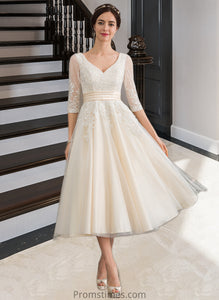 Alisson Ball-Gown/Princess V-neck Tea-Length Tulle Wedding Dress XXBP0013731