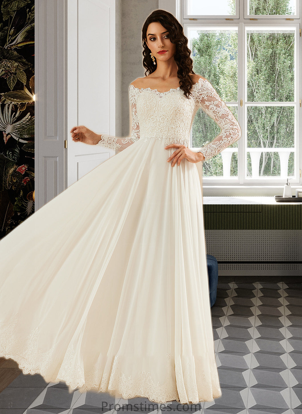 Saniya A-Line Off-the-Shoulder Sweep Train Wedding Dress With Lace XXBP0013734