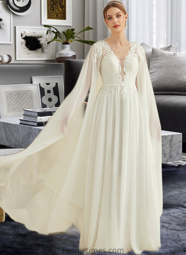 Anna A-Line V-neck Floor-Length Chiffon Lace Wedding Dress With Sequins XXBP0013736