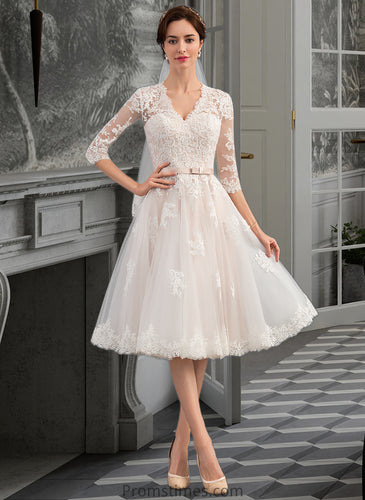 Meg A-Line V-neck Knee-Length Tulle Wedding Dress With Bow(s) XXBP0013737