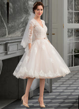 Load image into Gallery viewer, Meg A-Line V-neck Knee-Length Tulle Wedding Dress With Bow(s) XXBP0013737