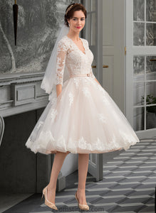 Meg A-Line V-neck Knee-Length Tulle Wedding Dress With Bow(s) XXBP0013737