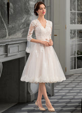 Load image into Gallery viewer, Meg A-Line V-neck Knee-Length Tulle Wedding Dress With Bow(s) XXBP0013737