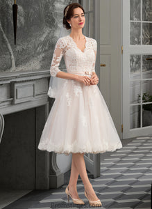 Meg A-Line V-neck Knee-Length Tulle Wedding Dress With Bow(s) XXBP0013737