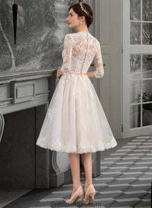 Meg A-Line V-neck Knee-Length Tulle Wedding Dress With Bow(s) XXBP0013737