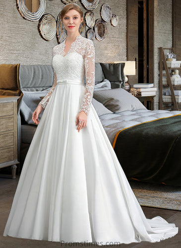 Stephany Ball-Gown/Princess V-neck Court Train Satin Wedding Dress With Bow(s) XXBP0013746