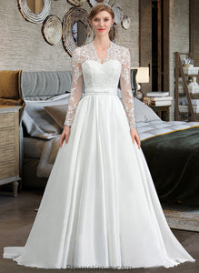 Stephany Ball-Gown/Princess V-neck Court Train Satin Wedding Dress With Bow(s) XXBP0013746