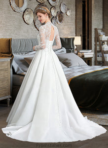 Stephany Ball-Gown/Princess V-neck Court Train Satin Wedding Dress With Bow(s) XXBP0013746